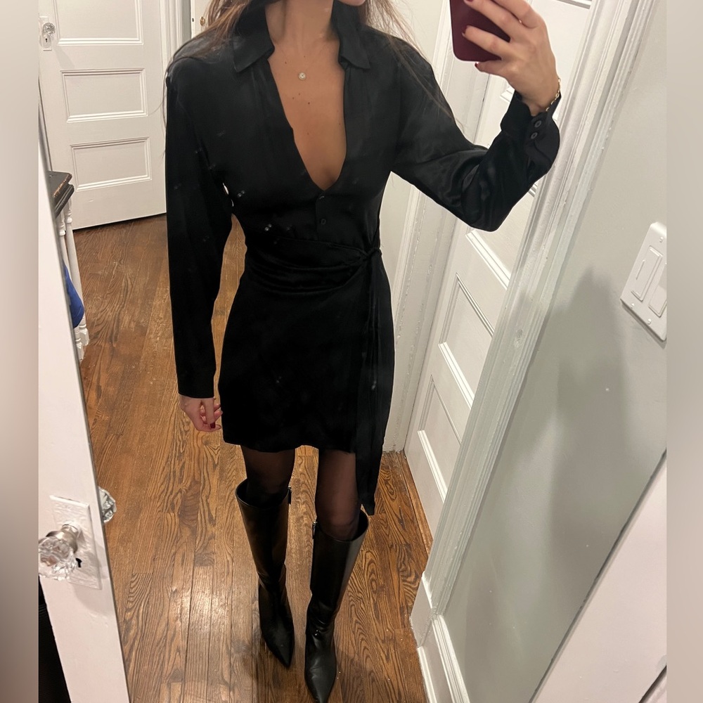Zara Black Satin Wrap Long Sleeve Dress